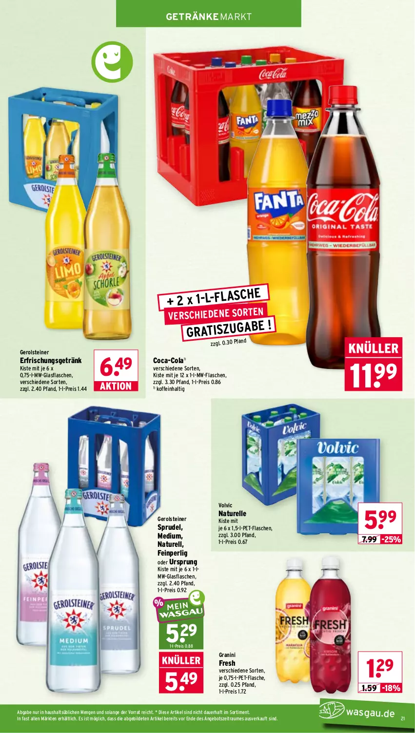 Aktueller Prospekt Wasgau - von 28.09 bis 02.10.2026 - strona 21 - produkty: angebot, auer, coca-cola, cola, eis, elle, erfrischungsgetränk, flasche, gerolsteine, gerolsteiner, getränk, getränke, glasflasche, granini, mw-flasche, natur, pet-flasche, pet-flaschen, reis, rel, Sprudel, steiner, Ti, volvic