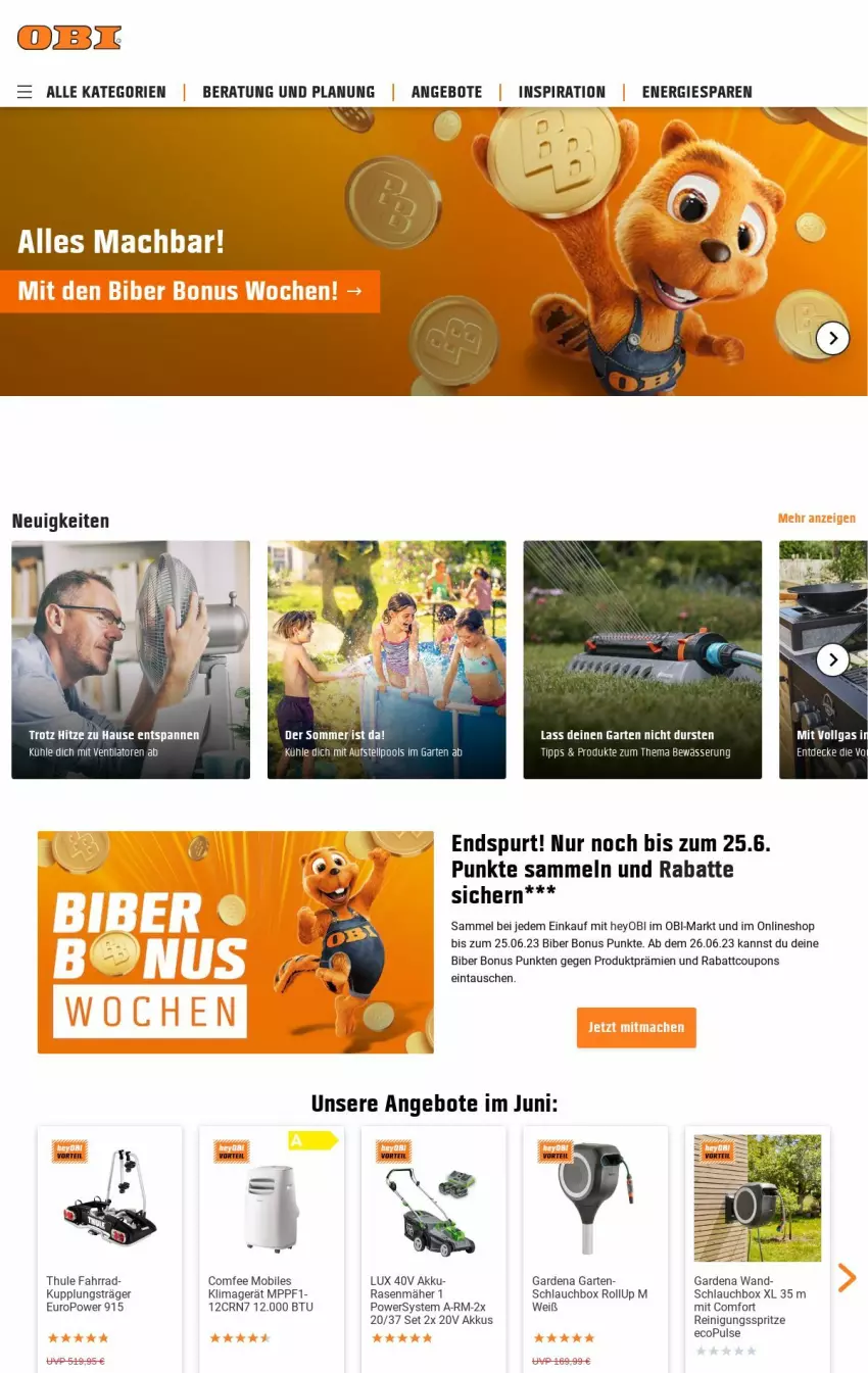 Aktueller Prospekt Obi - Prospekte - von 20.06 bis 28.06.2023 - strona 1 - produkty: akku, angebot, angebote, coupon, coupons, decke, elle, Fahrrad, gardena, Garten, klimagerät, LG, rasen, rasenmäher, Reinigung, schlauch, Thule, Ti, ventilator, Yo