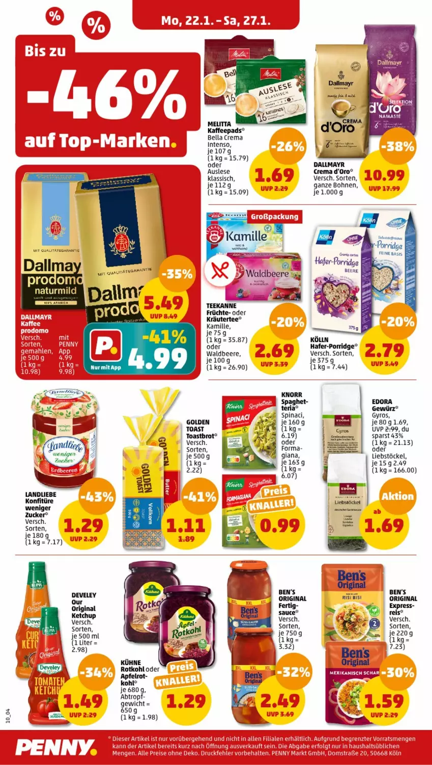 Aktueller Prospekt Penny - Prospekte - von 22.01 bis 27.01.2024 - strona 10 - produkty: beere, bella crema, bohne, bohnen, brot, dallmayr, develey, früchte, gewürz, gin, gyros, hafer, intenso, kaffee, kaffeepads, Kamill, kamille, ketchup, knorr, kölln, konfitüre, kräuter, Kühne, landliebe, oder kräuter, porridge, Ria, rotkohl, tee, teekanne, Ti, toast, Toastbrot, zucker