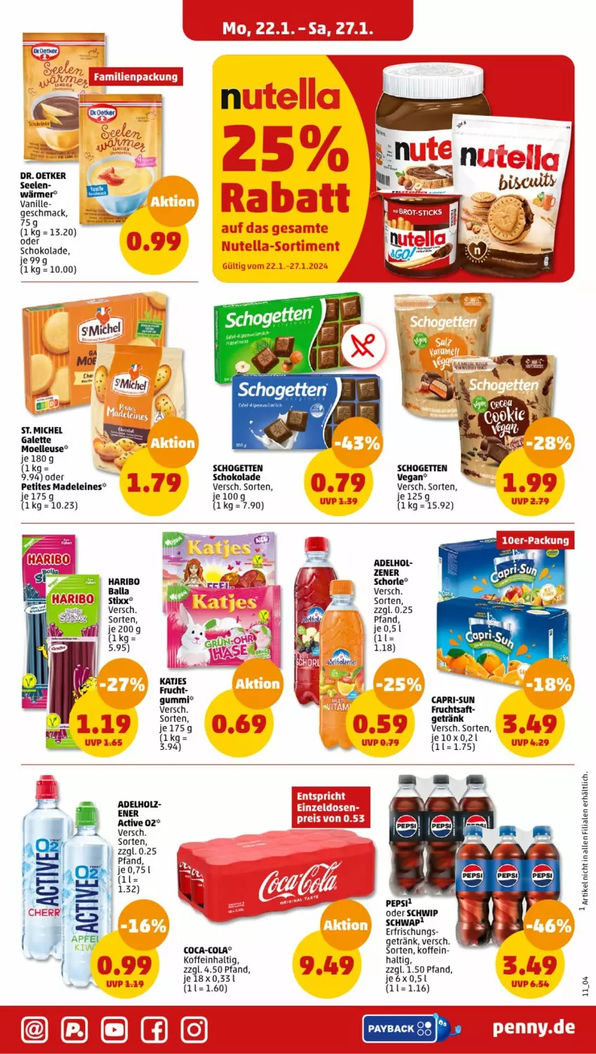 Aktueller Prospekt Penny - Prospekte - von 22.01 bis 27.01.2024 - strona 11 - produkty: ball, Cap, capri-sun, coca-cola, cola, Dr. Oetker, elle, frucht, getränk, haribo, Holz, leine, mac, payback, pepsi, schogetten, schoko, schokolade, schorle, Ti, vanille