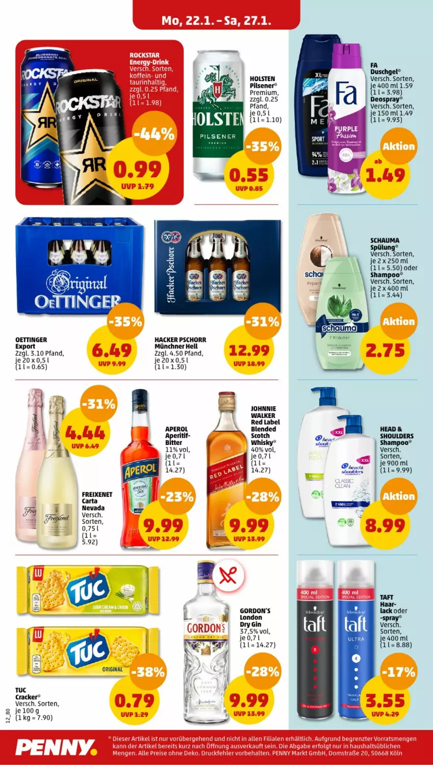 Aktueller Prospekt Penny - Prospekte - von 22.01 bis 27.01.2024 - strona 12 - produkty: aperitif, aperol, cracker, deo, deospray, dry gin, duschgel, fa duschgel, freixenet, gin, gordon, Gordon’s, hacker pschorr, holsten, holsten pilsener, kräuter, lack, oettinger, pils, pilsener, schauma, scotch, shampoo, spülung, Ti, tuc, whisky