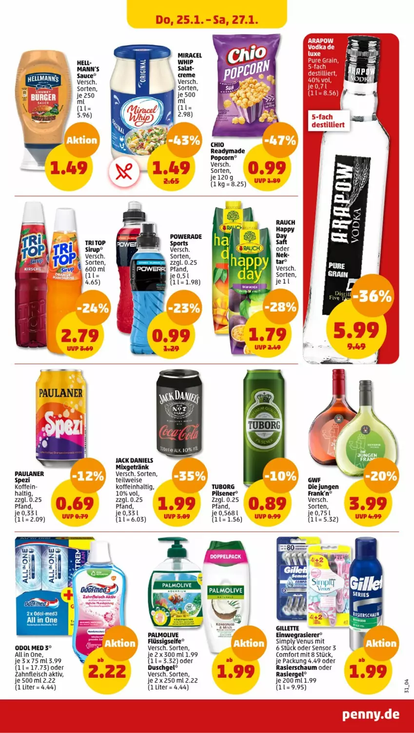 Aktueller Prospekt Penny - Prospekte - von 22.01 bis 27.01.2024 - strona 31 - produkty: creme, duschgel, einwegrasierer, eis, fleisch, flüssigseife, getränk, gillette, jack daniel, jack daniels, kokos, kokosnuss, miracel, miracel whip, Mixgetränk, nuss, Odol, odol med, olive, palmolive, Paula, paulaner, pils, pilsener, popcorn, rasierer, rasiergel, Rasierschaum, salat, sauce, Seife, sim, sirup, Spezi, Ti, venus