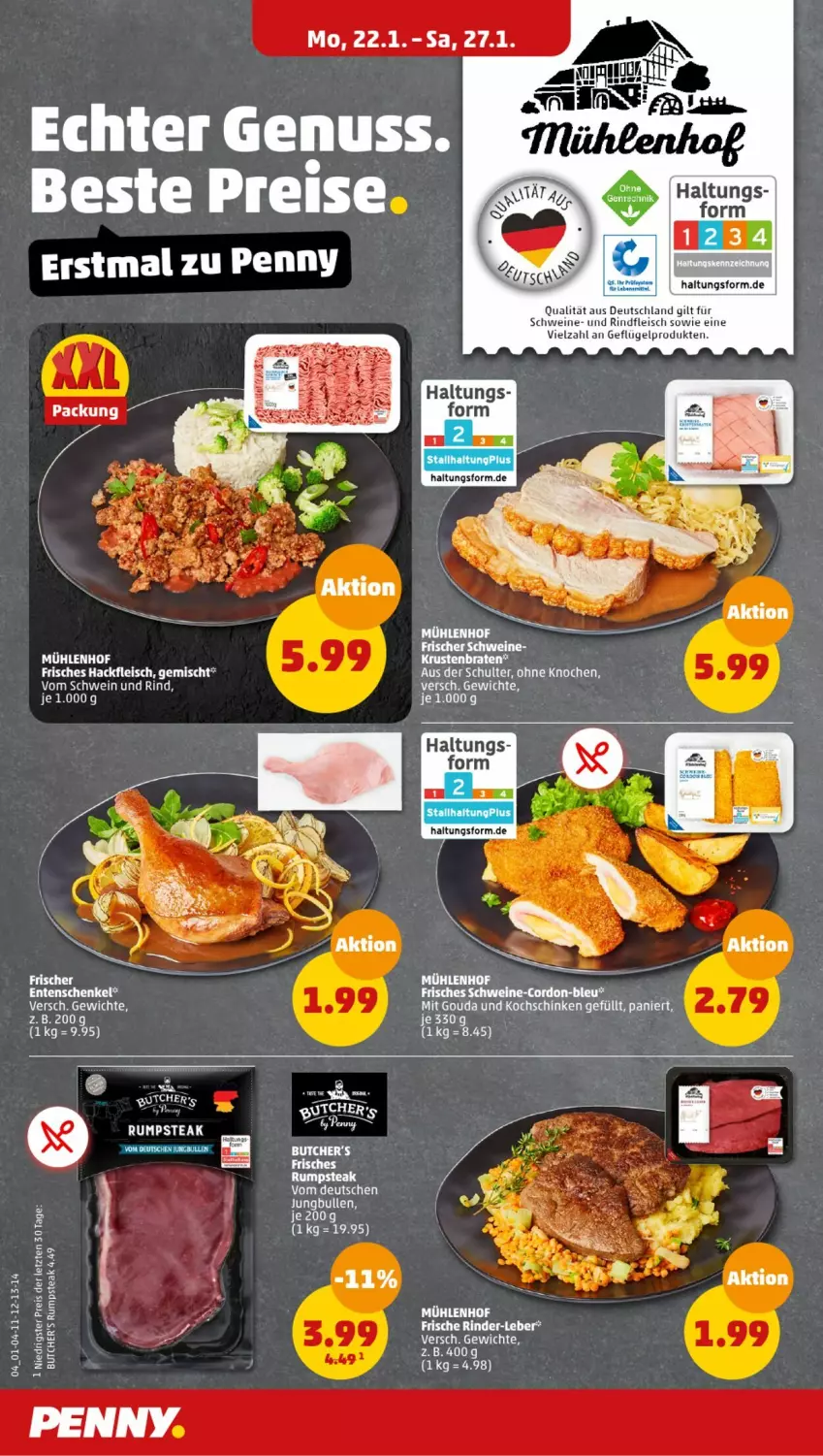 Aktueller Prospekt Penny - Prospekte - von 22.01 bis 27.01.2024 - strona 4 - produkty: eis, ente, Entenschenkel, fleisch, Geflügel, gouda, hackfleisch, henkel, jungbullen, kochschinken, mit gouda, nuss, reis, rind, rinder, rindfleisch, rum, rumpsteak, schenkel, schinken, schwein, schwein und rind, schweine, steak, tee, Ti, vom schwein und rind, wein, weine