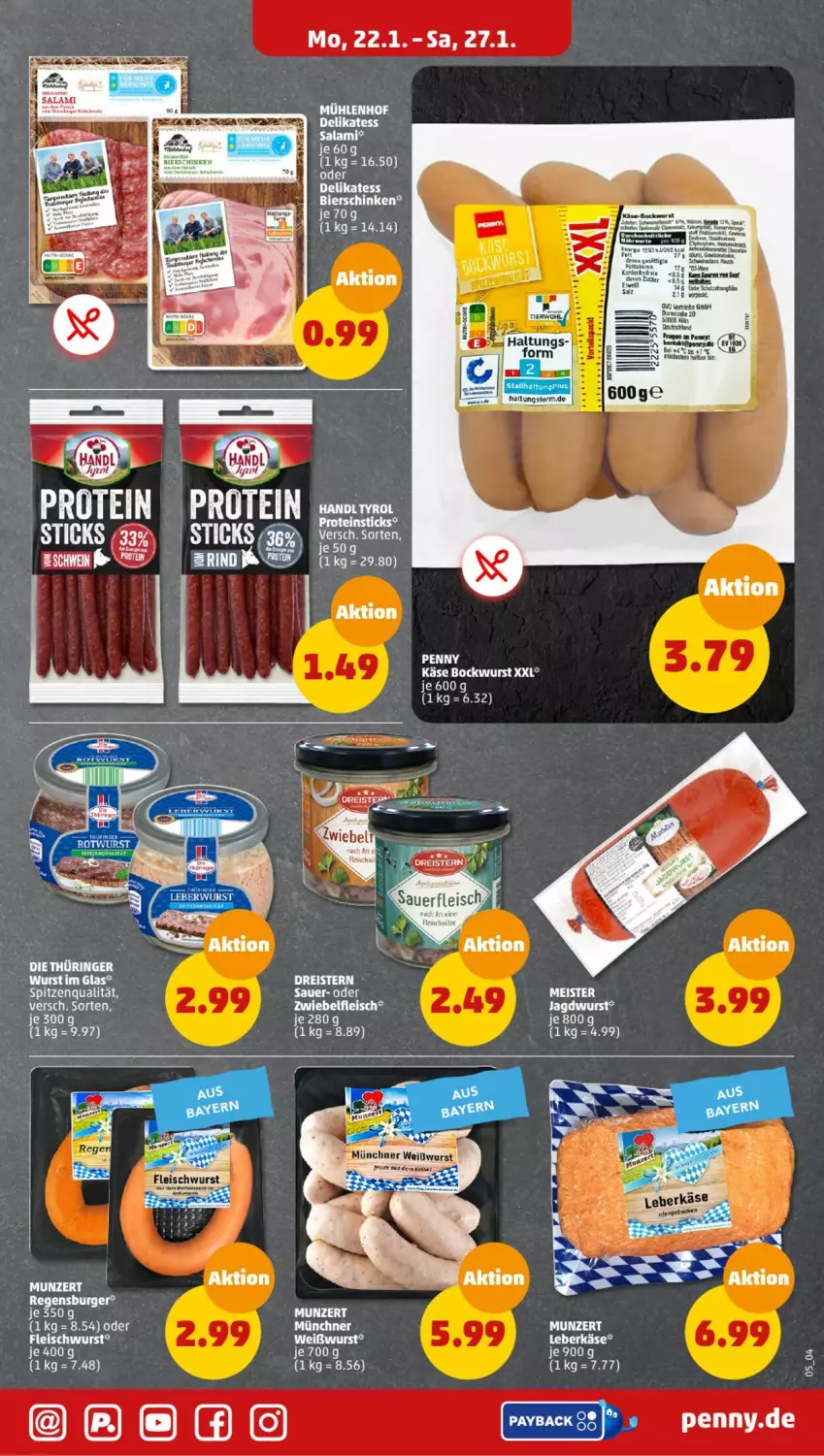 Aktueller Prospekt Penny - Prospekte - von 22.01 bis 27.01.2024 - strona 5 - produkty: bockwurst, burger, eis, fleisch, fleischwurst, jagdwurst, Käse, Meister, regensburger, salami, spitzenqualität, Ti, Weißwurst, wurst