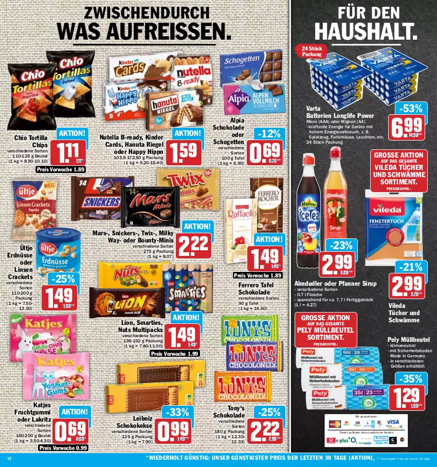 Aktueller Prospekt Hit - Prospekte - von 15.05 bis 20.05.2023 - strona 12 - produkty: almdudler, alpia, batterie, batterien, beutel, bounty, chips, eis, erdnüsse, ferrero, flasche, frucht, fruchtgummi, Germ, getränk, hanuta, hipp, katjes, keks, kekse, Kinder, kraft, Lakritz, leibniz, Leuchte, leuchten, linsen, lion, longlife, mars, milky way, müllbeutel, nutella, oder lakritz, pely, pfanne, Pfanner, Rauch, reis, reiss, riegel, schogetten, schoko, schokolade, sirup, smarties, snickers, spielzeug, Ti, Tiere, tortilla, Tortilla Chips, tücher, twix, ültje, ültje erdnüsse, varta, vileda, ZTE