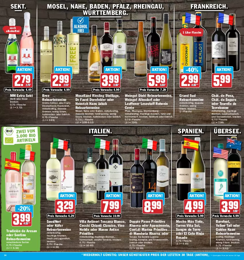 Aktueller Prospekt Hit - Prospekte - von 15.05 bis 20.05.2023 - strona 14 - produkty: alkohol, aust, Bad, bio, bree, chia, chianti, classico, cuvée, doppio passo, dornfelder, eis, elle, ente, finesse, flasche, frucht, grand sud, jako, käfer, mm extra, moselland, passo, primitivo, rebsortenweine, reis, rel, resa, Ria, riesling, rioja, riserva, rotwein, sekt, sim, Ti, wein, weine, yellow tail, ZTE