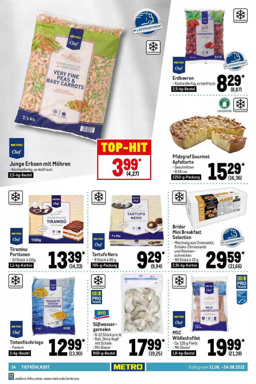 Aktueller Prospekt Metro - GastroJournal - von 11.08 bis 24.08.2022 - strona 14 - produkty: apfel, auto, beere, beeren, beutel, braten, Croissant, croissants, delikatess sauce, eis, erbsen, erdbeere, erdbeeren, feinkost, filet, filets, fisch, garnelen, junge erbsen, knorr, Konserven, kraft, küche, Küchen, lachs, lachsfilet, LG, mehl, Metro, möhren, mondamin, nero, reis, ring, Rosinenschnecke, salat, salatkrönung, sauce, Schal, Schale, schnitten, schoko, Tartufo, Ti, tiefkühlkost, Tintenfischringe, tiramisu, tisch, top-hit, torte, wasser, Wild, wildlachs