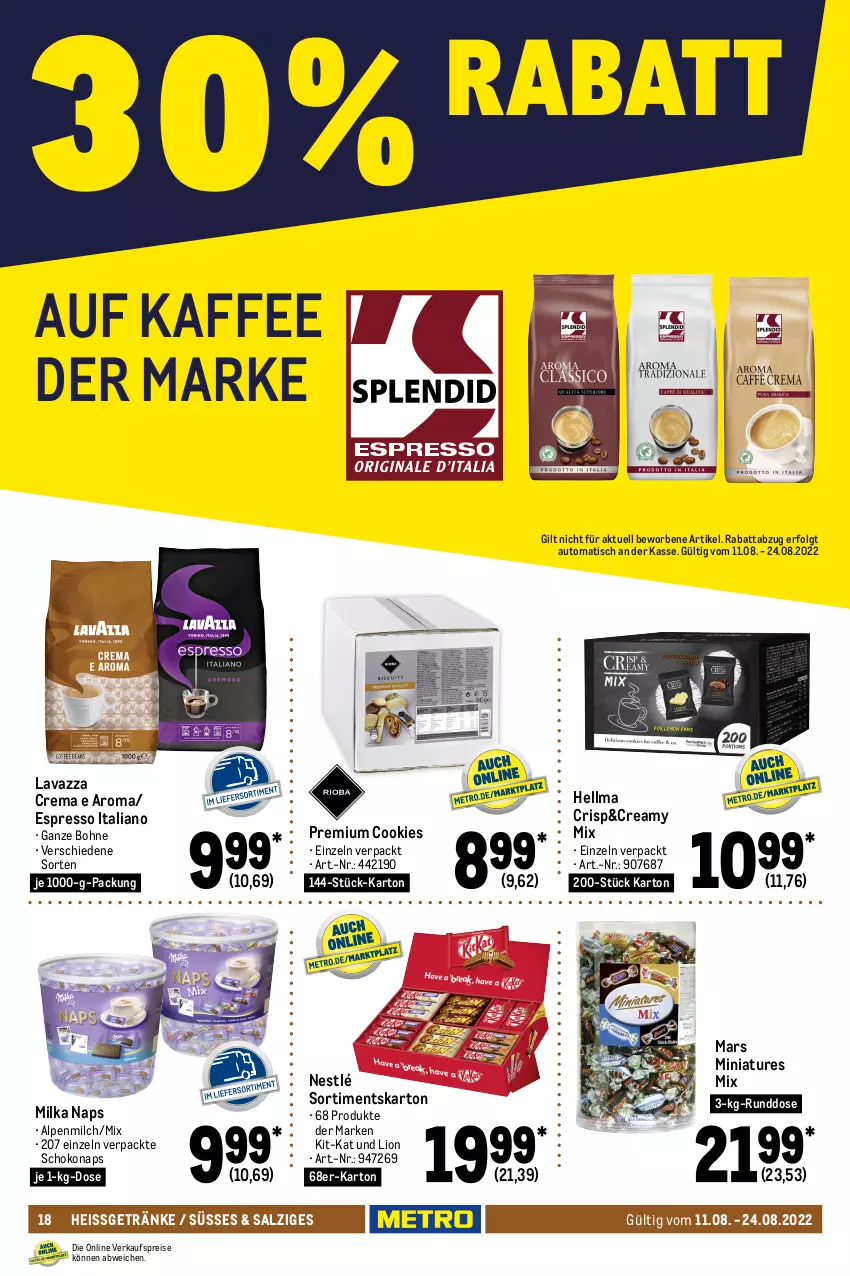 Aktueller Prospekt Metro - GastroJournal - von 11.08 bis 24.08.2022 - strona 18 - produkty: alpenmilch, auto, batida, bohne, cookie, cookies, eis, espresso, flasche, getränk, getränke, Gorbatschow, kaffee, kräuter, kräuterlikör, kuemmerling, lavazza, LG, likör, lion, mangaroca, maracuja, mars, merl, milch, milka, nestlé, Palette, pfeffer, pfefferminzlikör, reis, salz, schoko, spirituosen, Ti, tisch, wodka