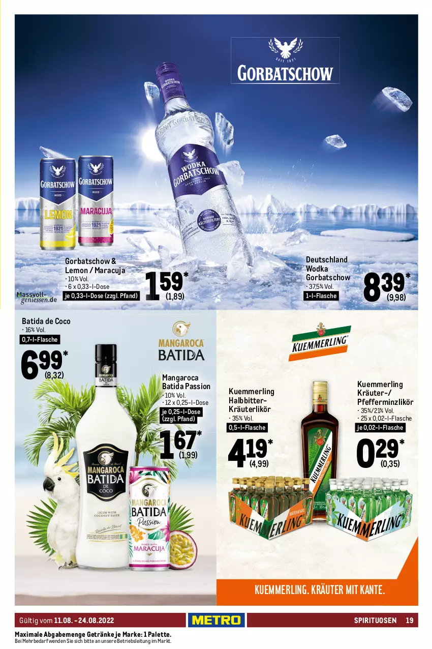 Aktueller Prospekt Metro - GastroJournal - von 11.08 bis 24.08.2022 - strona 19 - produkty: alpenmilch, auto, batida, bohne, cookie, cookies, eis, espresso, flasche, getränk, getränke, Gorbatschow, kaffee, kräuter, kräuterlikör, kuemmerling, lavazza, LG, likör, lion, mangaroca, maracuja, mars, merl, milch, milka, nestlé, Palette, pfeffer, pfefferminzlikör, reis, salz, schoko, spirituosen, Ti, tisch, wodka