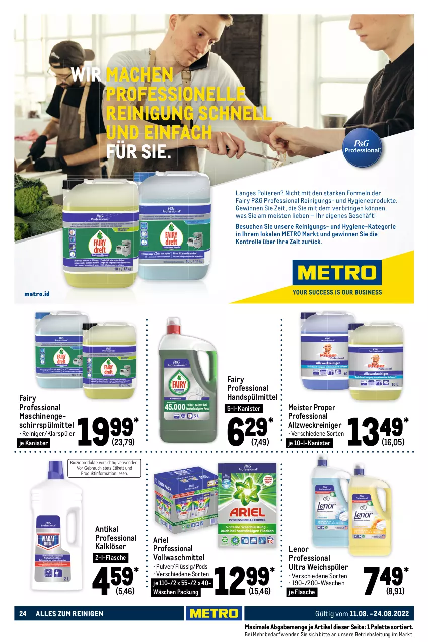 Aktueller Prospekt Metro - GastroJournal - von 11.08 bis 24.08.2022 - strona 24 - produkty: allzweckreiniger, Aluminiumfolie, ariel, eis, fairy, flasche, geschirr, geschirrspülmittel, handschuhe, handtücher, jumbo, klarspüler, lenor, Meister, meister proper, Palette, papier, Pods, reiniger, reis, sac, schuhe, spülmittel, Ti, toilettenpapier, top-hit, tücher, vollwaschmittel, waschmittel, weck, weichspüler