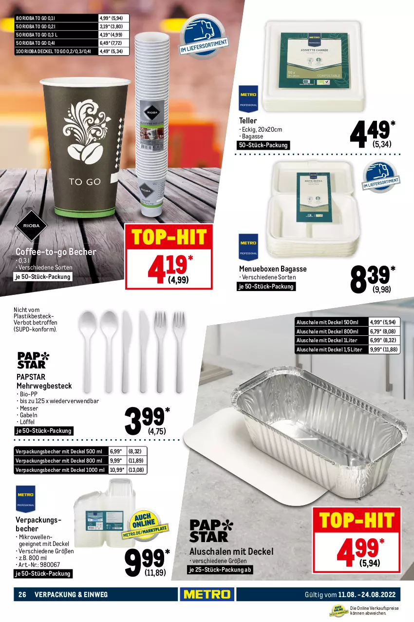 Aktueller Prospekt Metro - GastroJournal - von 11.08 bis 24.08.2022 - strona 26 - produkty: asti, Becher, besteck, bio, decke, Deckel, dessert, Dessertteller, edelstahl, eis, elle, gabel, geschirr, Geschirrserie, kaffee, kuchen, Löffel, messer, mikrowelle, pizza, reis, rioba, rwe, salat, Schal, Schale, spülmaschinen, tasse, teller, Ti, top-hit