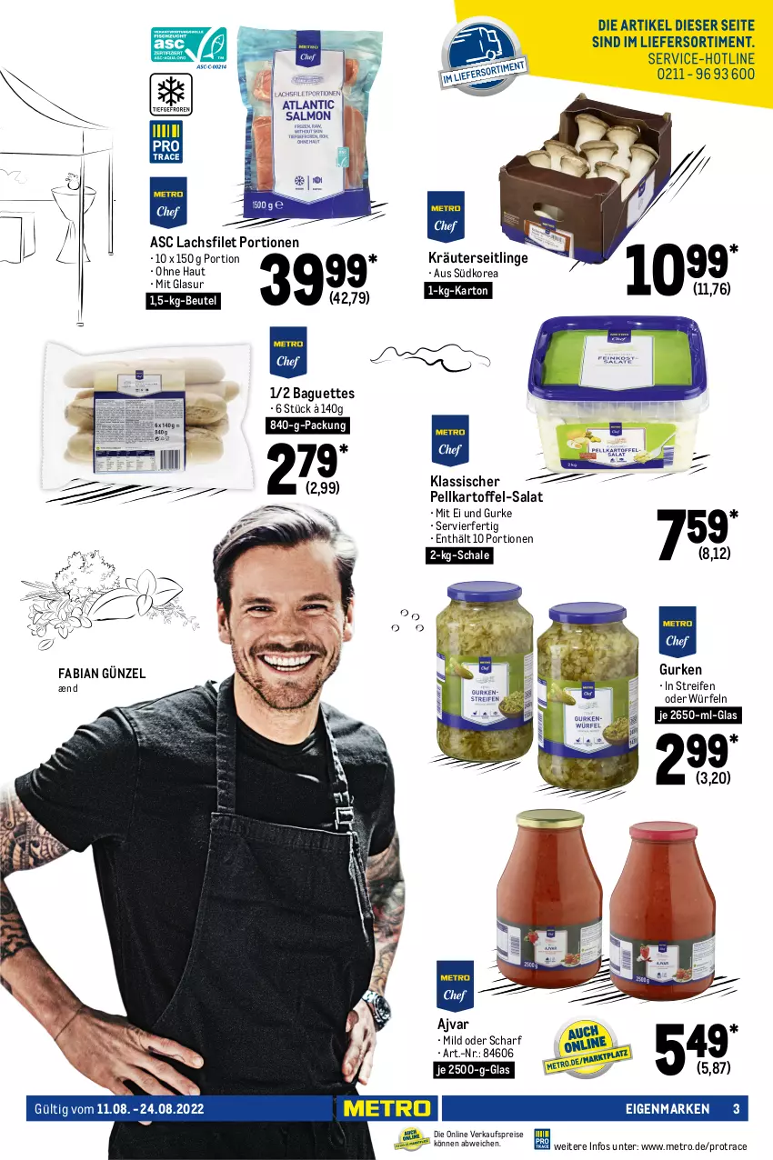 Aktueller Prospekt Metro - GastroJournal - von 11.08 bis 24.08.2022 - strona 3 - produkty: Ajvar, baguette, baguettes, Berger, beutel, bratwurst, brustfilet, burger, eis, filet, fisch, fleisch, gewürz, gin, gurke, gurken, hähnchenbrust, hähnchenbrustfilet, hamburger, kartoffel, kräuter, Kräuterseitlinge, lachs, lachsfilet, lieferservice, Metro, nürnberger, reifen, reis, rind, rindfleisch, rostbratwurst, salat, Schal, Schale, Spezi, Ti, tisch, würfel, wurst