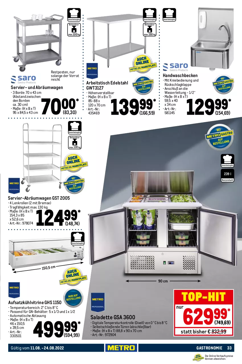 Aktueller Prospekt Metro - GastroJournal - von 11.08 bis 24.08.2022 - strona 33 - produkty: auto, Behälter, beleuchtung, edelstahl, eis, gefrierschrank, Glastür, kühlschrank, Rauch, reis, Schrank, Ti, tisch, top-hit, vitrine, waschbecken, wasser