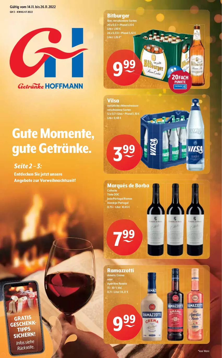 Aktueller Prospekt Getraenke Hoffmann - Prospekte - von 14.11 bis 26.11.2022 - strona 1 - produkty: Alwa, amaro, angebot, angebote, aperitivo rosato, bier, bitburger, burger, decke, ente, getränk, getränke, mineralwasser, natürliches mineralwasser, rama, ramazzott, ramazzotti, rosato, rwe, Ti, vilsa, wasser, zott