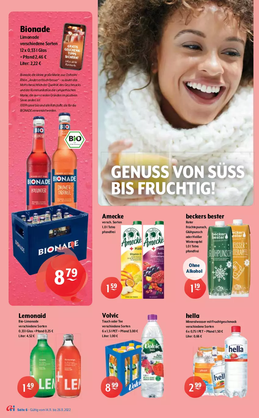 Aktueller Prospekt Getraenke Hoffmann - Prospekte - von 14.11 bis 26.11.2022 - strona 6 - produkty: alkohol, Alwa, amecke, apfel, Apotheke, Beckers Bester, bio, bionade, BraTee, coca-cola, cola, deit, Elephant Bay, ente, erde, erfrischungsgetränk, frucht, früchte, getränk, gin, Happy Day, hella, Heu, Hohes C, HP, ice tea, leine, LG, limo, limonade, mac, mineralwasser, Mio Mio, mit frucht, nuss, ohne alkohol, pflanze, pflanzen, Rauch, rwe, tee, Ti, volvic, wasser, zucker