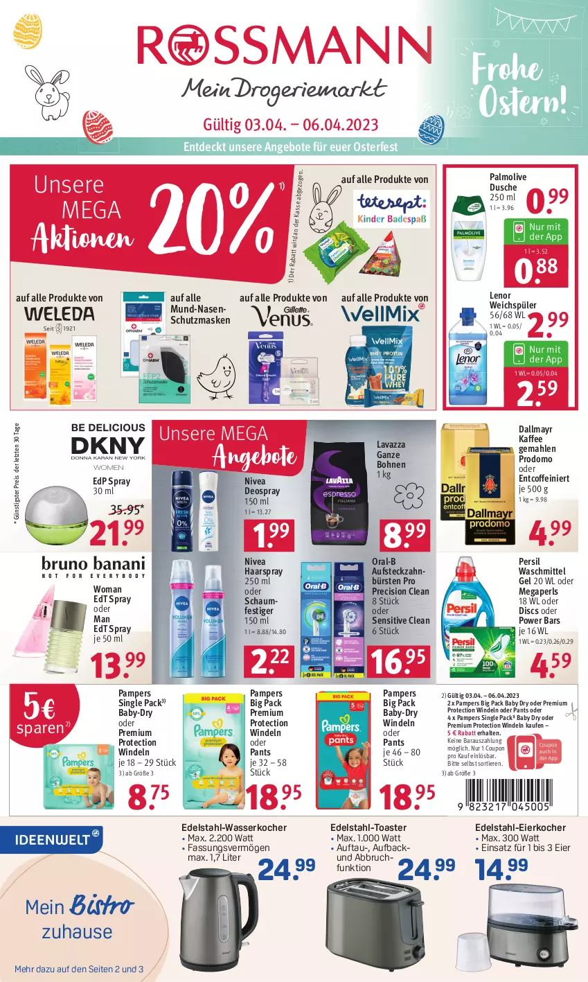 Aktueller Prospekt Rossmann - Prospekte - von 03.04 bis 06.04.2023 - strona 1 - produkty: angebot, angebote, baby-dry, bohne, bohnen, bürste, bürsten, coffein, coupon, dallmayr, deo, deospray, deospray 150 ml, dusche, edelstahl, edp spray, edt spray, eier, Eierkocher, eis, haarspray, kaffee, Kocher, lavazza, lavazza ganze bohne, lenor, lenor weichspüler, Maske, megaperls, nivea, oder schaumfestiger, olive, oral-b, palmolive, pampers, Pants, persil, persil waschmittel, precision clean, prodomo, reis, schaumfestiger, Ti, Tiere, toast, toaster, waschmittel, wasser, wasserkocher, weichspüler, windeln, windeln oder pants, zahnbürste, zahnbürsten, ZTE