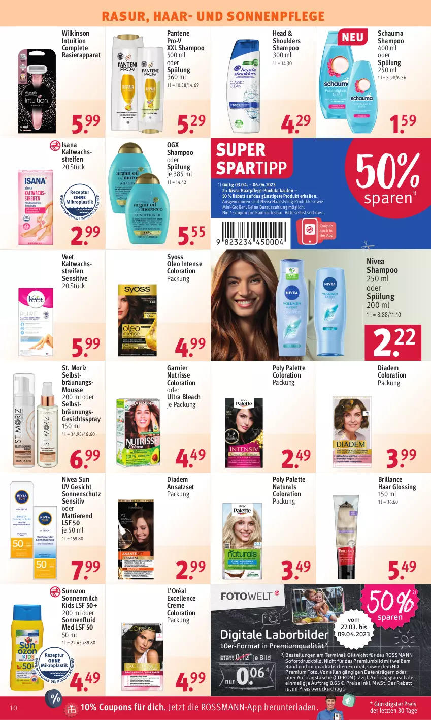 Aktueller Prospekt Rossmann - Prospekte - von 03.04 bis 06.04.2023 - strona 10 - produkty: brillance, coupon, coupons, creme, diadem, eis, elle, garnier, haarpflege, isana, kaltwachsstreifen, milch, mousse, natur, natura, nivea, nivea sun, Nutrisse, Palette, pantene, pantene pro-v, pro-v, quad, rasierapparat, reifen, reis, sana, Schal, Schale, schauma, schauma shampoo, shampoo, shampoo 250 ml, shampoo oder spülung, sonnenmilch, sonnenschutz, spartipp, spülung, spülung 200 ml, syoss, Tasche, Ti, Tiere, tisch, veet, wilkinson, Yo, ZTE