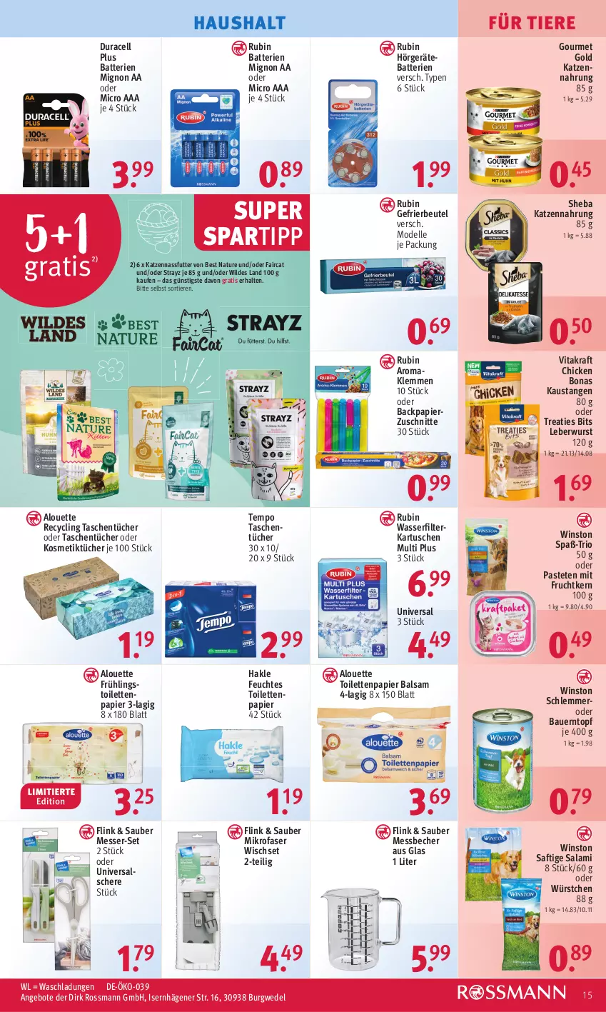 Aktueller Prospekt Rossmann - Prospekte - von 03.04 bis 06.04.2023 - strona 15 - produkty: alouette, angebot, angebote, auer, aust, balsam, batterie, batterien, Bau, Bauer, Becher, beutel, Bona, Clin, dell, elle, feuchtes toilettenpapier, filterkartuschen, frucht, gefrierbeutel, gourmet gold, hakle, katzennahrung, kosmetik, Kosmetiktücher, kraft, leberwurst, Messbecher, messer, mikrofaser, mit frucht, Mode, nassfutter, natur, papier, pastete, Rubin, saft, salami, Schere, sheba, spartipp, Tasche, taschen, taschentücher, Tempo, Ti, Tiere, toilettenpapier, topf, tücher, vita, vitakraft, wasser, wasserfilter, wedel, Wild, wurst, würstchen