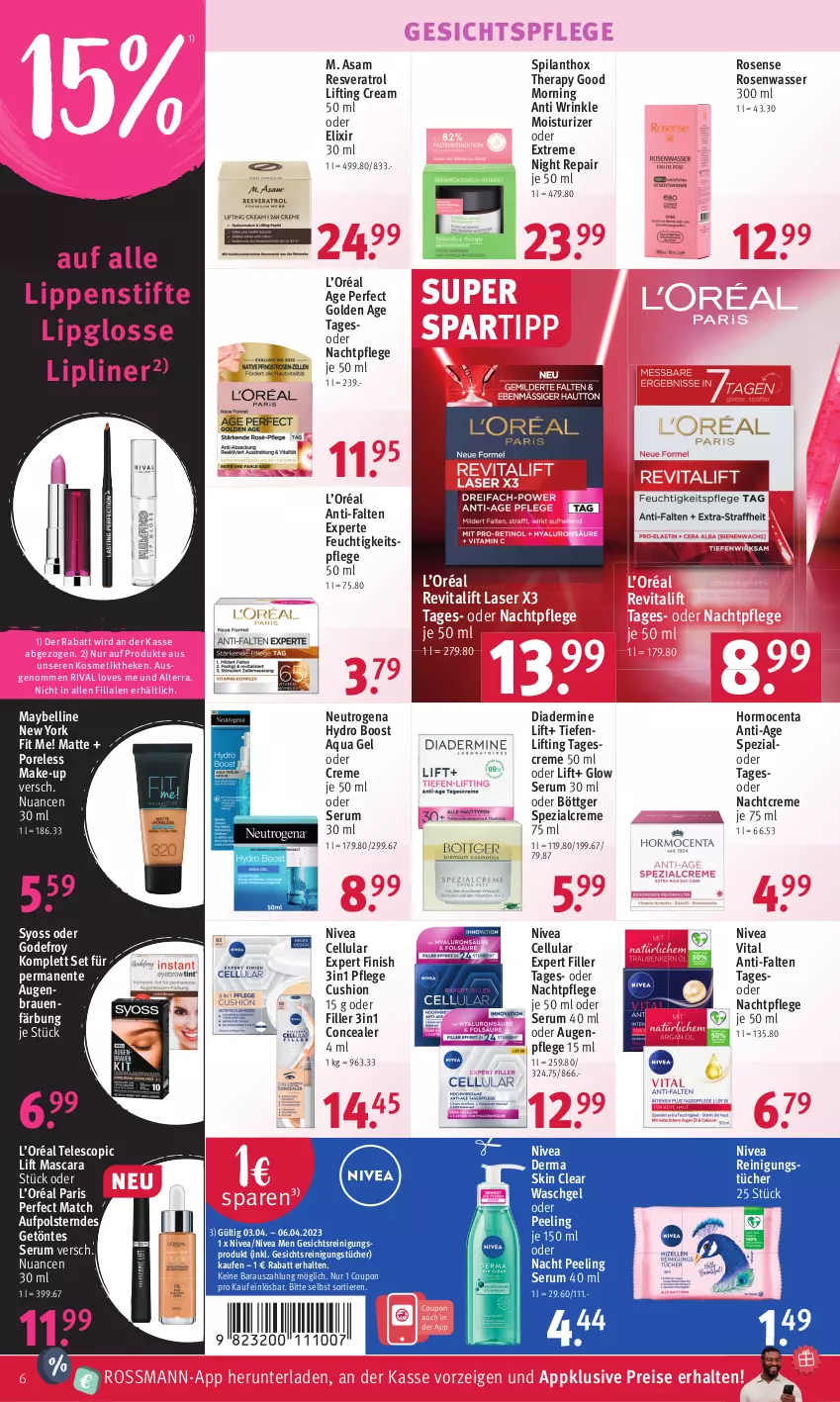 Aktueller Prospekt Rossmann - Prospekte - von 03.04 bis 06.04.2023 - strona 6 - produkty: alterra, anti-falten experte, aqua, Augenpflege, coupon, creme, Diadermine, eis, ente, feuchtigkeitspflege, Finish, gesichtspflege, kosmetik, Lipgloss, Lippenstift, Make-up, Mascara, Maybelline, nachtcreme, nachtpflege, neutrogena, nivea, Nivea Men, Nuance, Peeling, Reinigung, reinigungstücher, reis, rel, Revital, revitalift, rosen, Rosenwasser, rum, Serum, spartipp, Spezi, stifte, syoss, tagescreme, Ti, Tiere, tücher, vita, waschgel, wasser, Yo