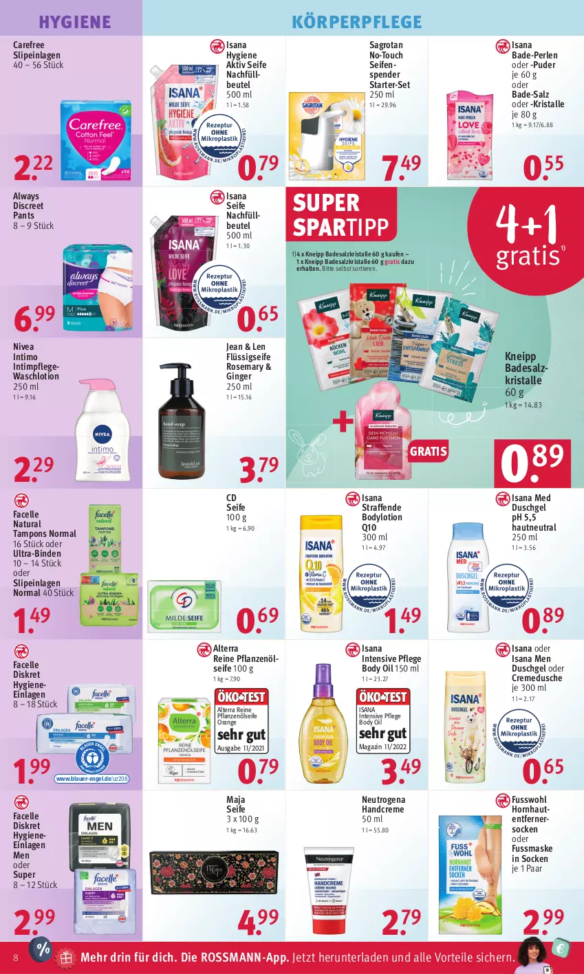 Aktueller Prospekt Rossmann - Prospekte - von 03.04 bis 06.04.2023 - strona 8 - produkty: alterra, Alwa, Always, auer, Bad, beutel, binden, body, bodylotion, carefree, creme, cremedusche, Discreet, dusche, duschgel, elle, Engel, Facelle, flüssigseife, Fusswohl, gin, ginger, handcreme, isana, kneipp, körperpflege, Lotion, magazin, Maske, natur, natura, neutrogena, nivea, orange, Pants, perlen, pflanze, pflanzen, Pflanzenöl, Q10, sagrotan, salz, sana, Seife, seifenspender, slip, slipeinlagen, socken, spartipp, Tampon, tampons, Ti, Tiere, Ultra-Binden, Waschlotion