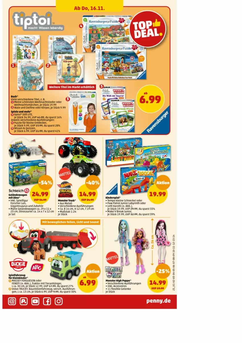 Aktueller Prospekt Penny - Prospekte - von 13.11 bis 18.11.2023 - strona 21 - produkty: ACC, accessoires, Anhänger, buch, decke, HP, Kinder, Kinderspiel, leine, mac, monster, Monster High, Puppe, Schleich, Tempo, Ti