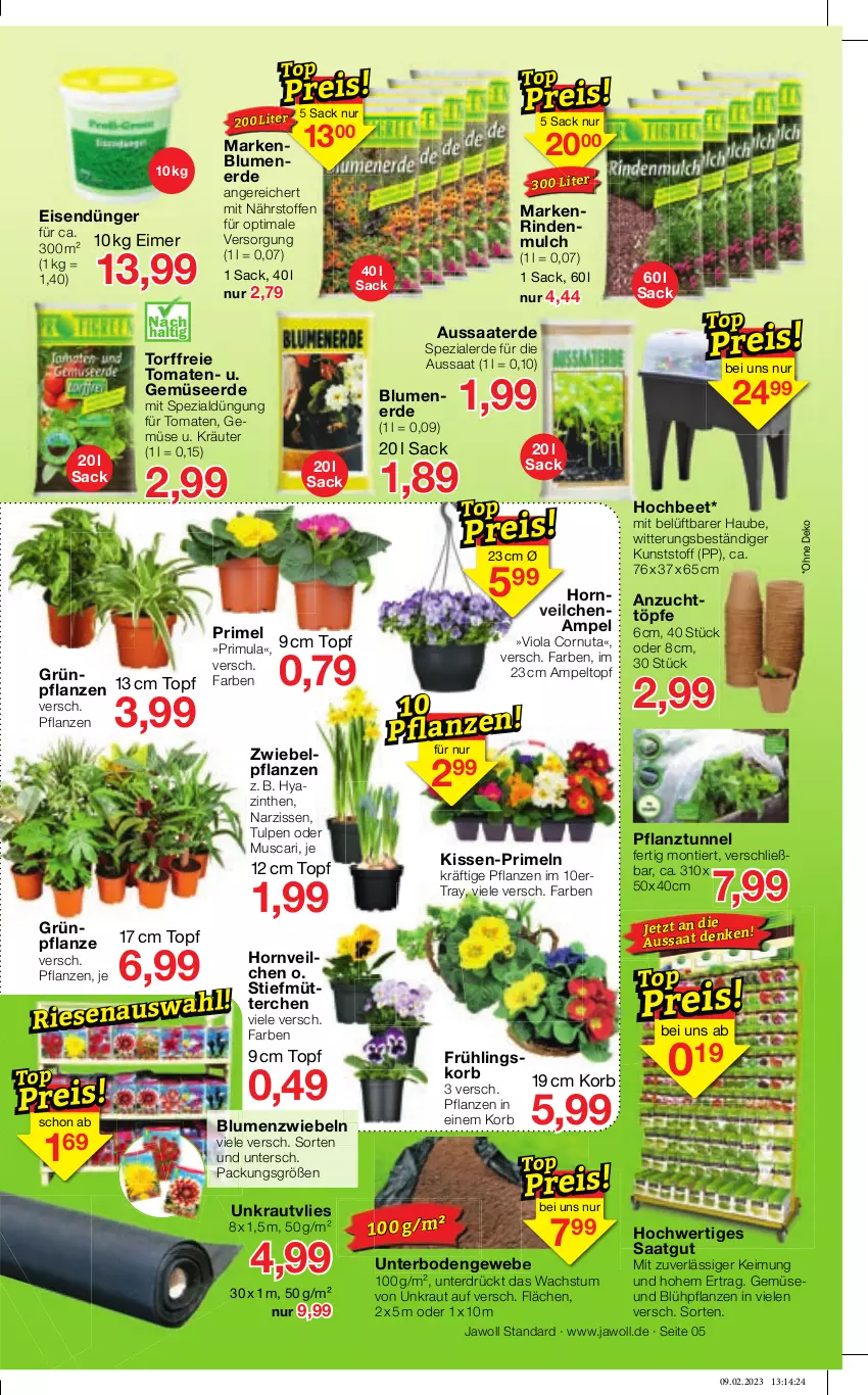 Aktueller Prospekt Jawoll - Prospekte - von 19.02 bis 25.02.2023 - strona 5 - produkty: akku, auer, Bank, batterie, blume, blumen, blumenerde, braun, dell, dünger, edelstahl, eimer, eis, elle, erde, feuerschale, Garten, gartenbank, gartenmöbel, Gemüseerde, Grünpflanzen, Holz, HP, kissen, klappsessel, klappstuhl, klapptisch, korb, Kraut, kräuter, Kugel, kunstrasen, lamm, leds, Leuchte, LG, möbel, Mode, Narzissen, Paravent, pflanze, pflanzen, Primeln, rasen, reifen, rind, rindenmulch, sac, Schal, Schale, senf, sessel, Spezi, stapelstuhl, Stühl, stuhl, Ti, tisch, tomate, tomaten, topf, tragegriff, wasser, WICK, zwiebel, zwiebeln