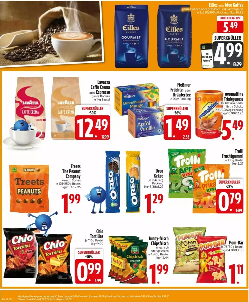 Aktueller Prospekt Edeka - Prospekte - von 17.03 bis 22.03.2025 - strona 18 - produkty: beutel, bohne, bohnen, caffe, chips, chipsfrisch, eilles gourmet, espresso, frucht, früchte, fruchtgummi, funny-frisch, kräuter, lavazza, Meßmer, nuss, oder espresso, oreo, ovomaltine, pom-bär, salz, schoko, tee, Ti, tortilla, tortillas, trolli, trolli fruchtgummi