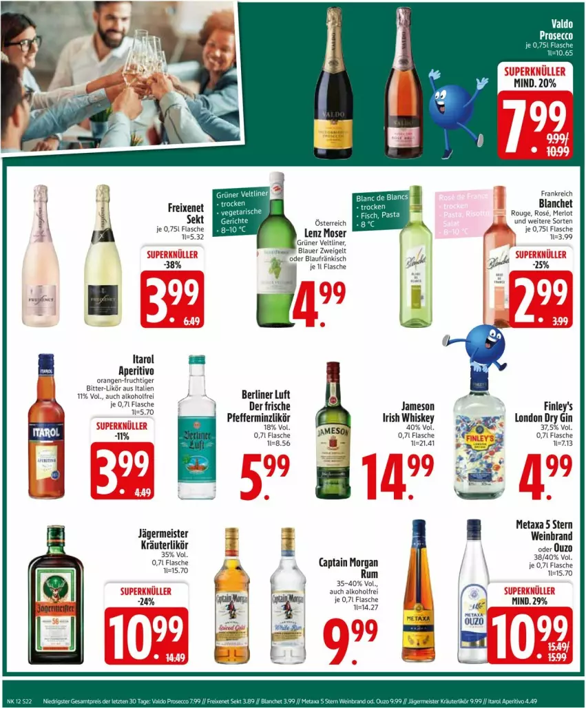 Aktueller Prospekt Edeka - Prospekte - von 17.03 bis 22.03.2025 - strona 22 - produkty: alkohol, auer, berliner, berliner luft, blauer zweigelt, Cap, captain morgan, dry gin, eier, eis, fisch, flasche, freixenet, frucht, Germ, gin, grüner veltliner, irish whiskey, jägermeister, jameson, kräuter, kräuterlikör, Lenz Moser, likör, london dry, london dry gin, Meister, merl, merlot, Metaxa, moser, orange, orangen, ouzo, pasta, pfeffer, pfefferminzlikör, rouge, sekt, Ti, wein, weinbrand, whiskey, Zweigelt