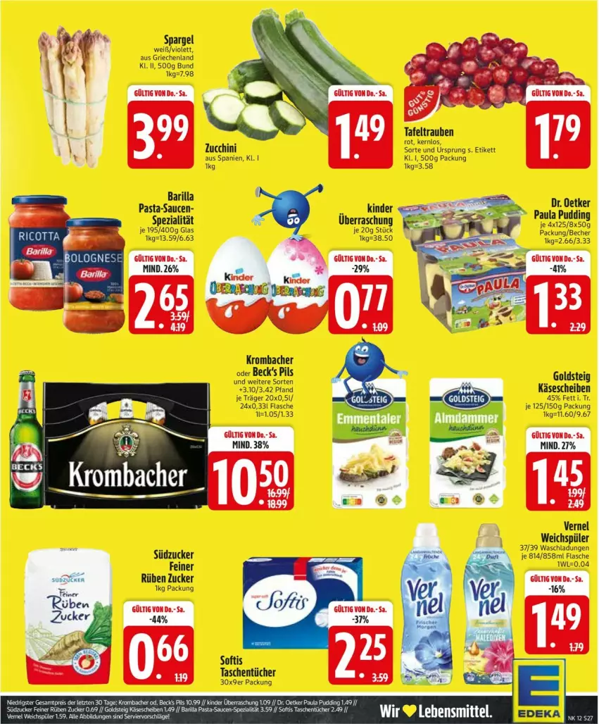 Aktueller Prospekt Edeka - Prospekte - von 17.03 bis 22.03.2025 - strona 27 - produkty: barilla, flasche, goldsteig, Käse, käsescheiben, Kinder, krombache, krombacher, pasta, pasta-sauce, pils, sauce, saucen, spargel, Spezi, südzucker, Tasche, taschen, taschentücher, Ti, tücher, vernel, weichspüler, zucchini, zucker