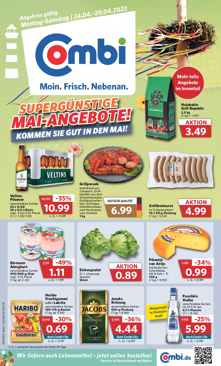 Aktueller Prospekt Combi - Prospekte - von 24.04 bis 29.04.2023 - strona 1 - produkty: almighur, almighurt, angebot, angebote, Bau, bauchscheiben, beutel, bratwurst, cevapcici, ehrmann, ehrmann almighurt, eis, eisbergsalat, elle, ente, flasche, frucht, fruchtgummi, grill, Grillbauch, grillbratwurst, grillkotelett, grillrippe, haribo, holländischer schnittkäse, Holz, holzfällersteaks, holzkohle, jacobs, jacobs krönung, Käse, kotelett, Lakritz, lebensmittel, oder lakritz, pils, pilsener, puschkin vodka, reis, salat, schnittkäse, schwein, schweine, schweinenacken, steak, steaks, Ti, veltins, veltins pilsener, vodka, wein, weine, wurst, ZTE