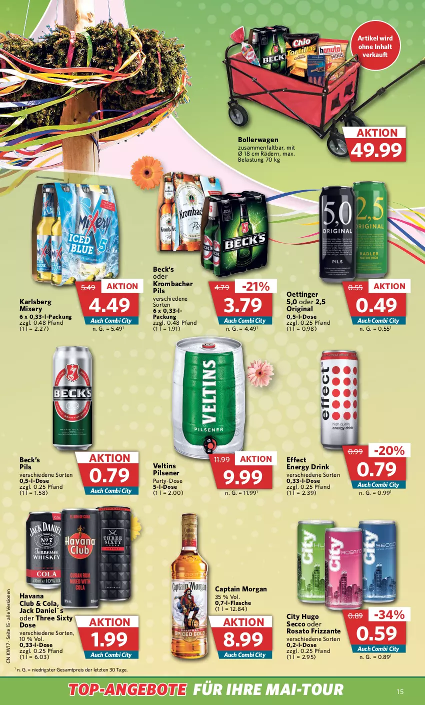 Aktueller Prospekt Combi - Prospekte - von 24.04 bis 29.04.2023 - strona 19 - produkty: angebot, angebote, bollerwagen, Cap, captain morgan, cola, drink, ecco, Effect, eis, energy drink, flasche, frizzante, gin, Havana Club, hugo, jack daniel, karlsberg, karlsberg mixery, krombache, krombacher, krombacher pils, Mixer, mixery, oettinger, pils, pilsener, reis, rosato, Three Sixty, Ti, top-angebot, veltins, veltins pilsener, ZTE