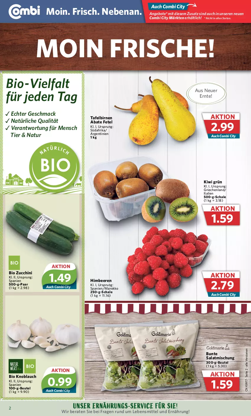 Aktueller Prospekt Combi - Prospekte - von 24.04 bis 29.04.2023 - strona 2 - produkty: angebot, angebote, beere, beeren, beutel, bio, Birnen, himbeer, himbeere, himbeeren, kiwi, knoblauch, lebensmittel, mac, natur, salat, Schal, Schale, tafelbirnen, Ti, zucchini