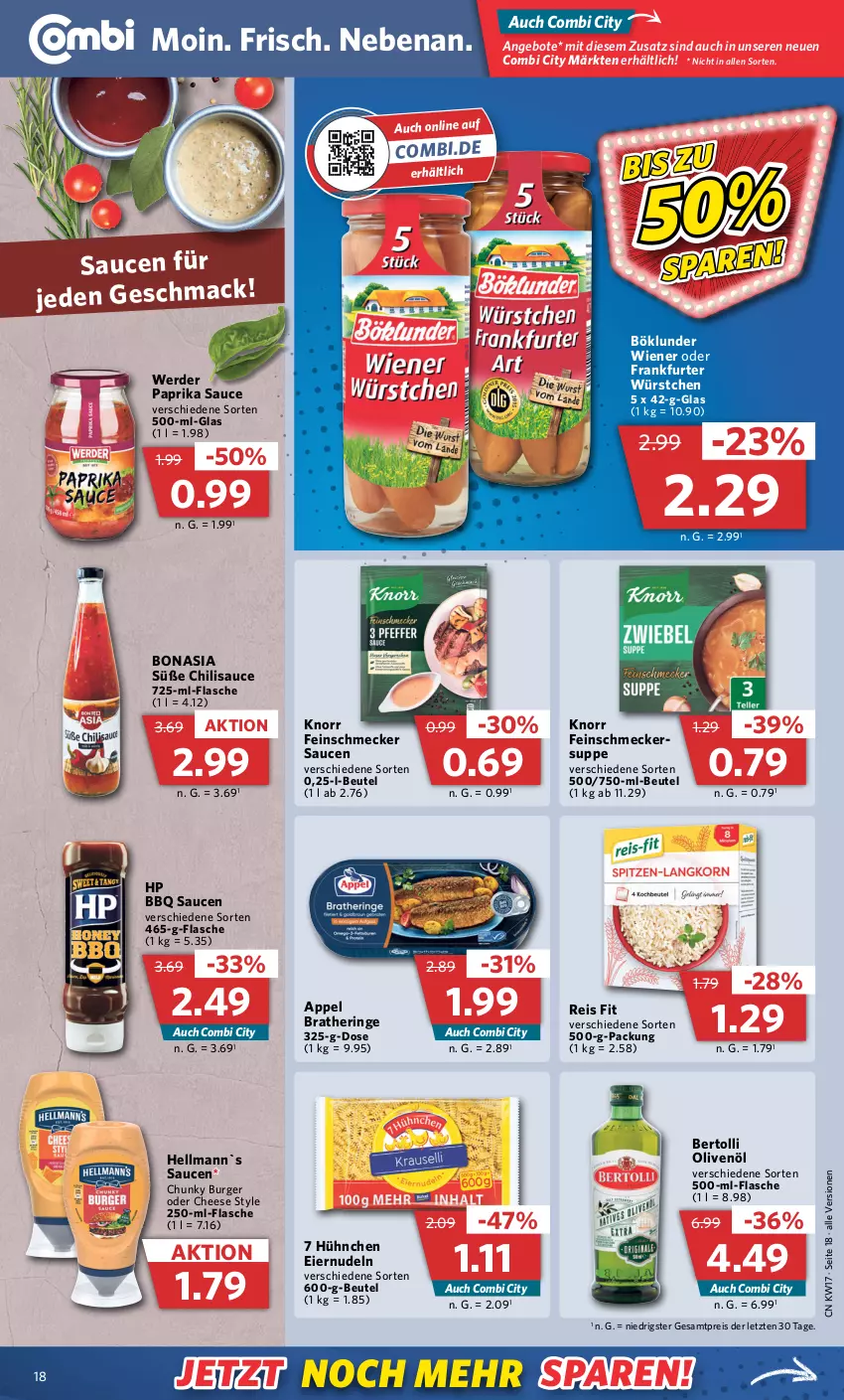 Aktueller Prospekt Combi - Prospekte - von 24.04 bis 29.04.2023 - strona 22 - produkty: angebot, angebote, bertolli, beutel, böklunder, Bona, Bratheringe, burger, chili, eier, eiernudeln, eis, erde, feinschmecker, flasche, frankfurter, hering, HP, knorr, mac, nudel, nudeln, olive, oliven, olivenöl, paprika, reis, ring, sauce, saucen, suppe, Ti, wiener, würstchen, ZTE