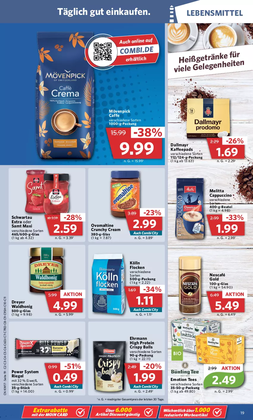 Aktueller Prospekt Combi - Prospekte - von 24.04 bis 29.04.2023 - strona 23 - produkty: ball, beutel, caffe, Cap, cappuccino, cin, dallmayr, discount, ehrmann, eis, honig, kaffee, kaffeepads, kölln, lebensmittel, melitta, mövenpick, Nescafé, nescafé gold, ovomaltine, reis, riegel, Schwartau, tee, Ti, ZTE