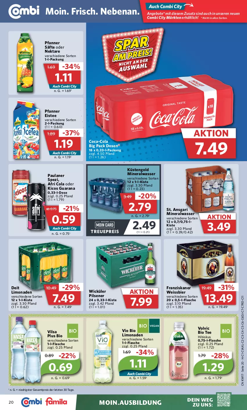 Aktueller Prospekt Combi - Prospekte - von 24.04 bis 29.04.2023 - strona 24 - produkty: Afri Cola, Alwa, angebot, angebote, bier, bio, bio limo, coca-cola, cola, deit, eis, eistee, flasche, franziskaner, küstengold, limo, limonade, limonaden, mineralwasser, Nektar, Paula, paulaner, pfanne, Pfanner, pils, pilsener, Rana, reis, säfte, Spezi, tee, Ti, usb, vilsa, vio bio limo, volvic, wasser, weissbier, WICK, ZTE