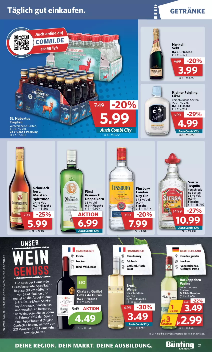 Aktueller Prospekt Combi - Prospekte - von 24.04 bis 29.04.2023 - strona 25 - produkty: arla, Berger, bismarck, bree, burgunder, chardonnay, chateau, cuvée, doppelkorn, dry gin, eis, erde, finsbury, fisch, flasche, Geflügel, getränk, getränke, gin, grauburgunder, henkel, henkell, henkell sekt, Käse, kleiner feigling, korn, leine, likör, lion, london dry, london dry gin, Meister, pasta, reis, rind, rotkäppchen, salat, sekt, Sierra, sierra tequila, tequila, Ti, usb, Vegeta, wein, weine, Wild, ZTE