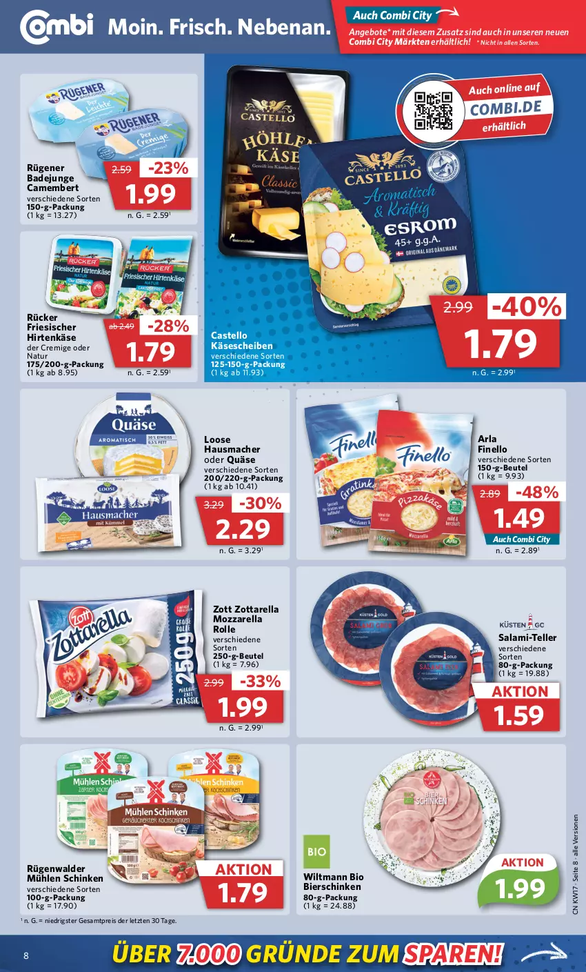 Aktueller Prospekt Combi - Prospekte - von 24.04 bis 29.04.2023 - strona 8 - produkty: angebot, angebote, arla, Bad, beutel, bier, bierschinken, bio, camembert, eis, elle, finello, friesischer hirtenkäse, Hausmacher, hirtenkäse, Käse, käsescheiben, Loose, mac, mozzarella, mozzarella rolle, mühlen schinken, natur, quäse, reis, rel, Rügener, rügener badejunge, rügenwalder, rügenwalder mühle, salami, salami-teller, schinken, teller, Ti, wiltmann, zott, zottarella, ZTE