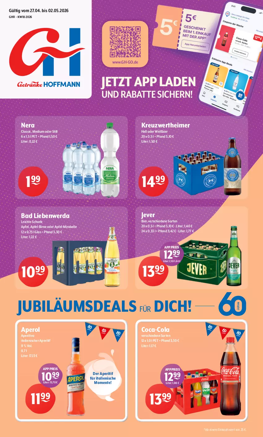 Aktueller Prospekt Getraenke Hoffmann - Prospekte - von 27.04 bis 02.05.2026 - strona 1 - produkty: aperitif, aperol, apfel, Bad, Bad Liebenwerda, bier, coca-cola, cola, eimer, eis, elle, ente, jever, Jubiläums, reis, schorle, Ti