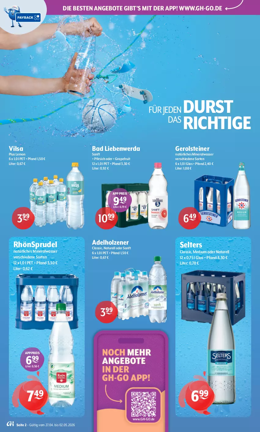 Aktueller Prospekt Getraenke Hoffmann - Prospekte - von 27.04 bis 02.05.2026 - strona 2 - produkty: adelholzener, Alwa, angebot, angebote, Bad, Bad Liebenwerda, eis, gerolsteine, gerolsteiner, grapefruit, Holz, mineralwasser, natur, natürliches mineralwasser, pfirsich, reis, rel, RhönSprudel, Selters, Sprudel, steiner, Ti, vilsa, wasser