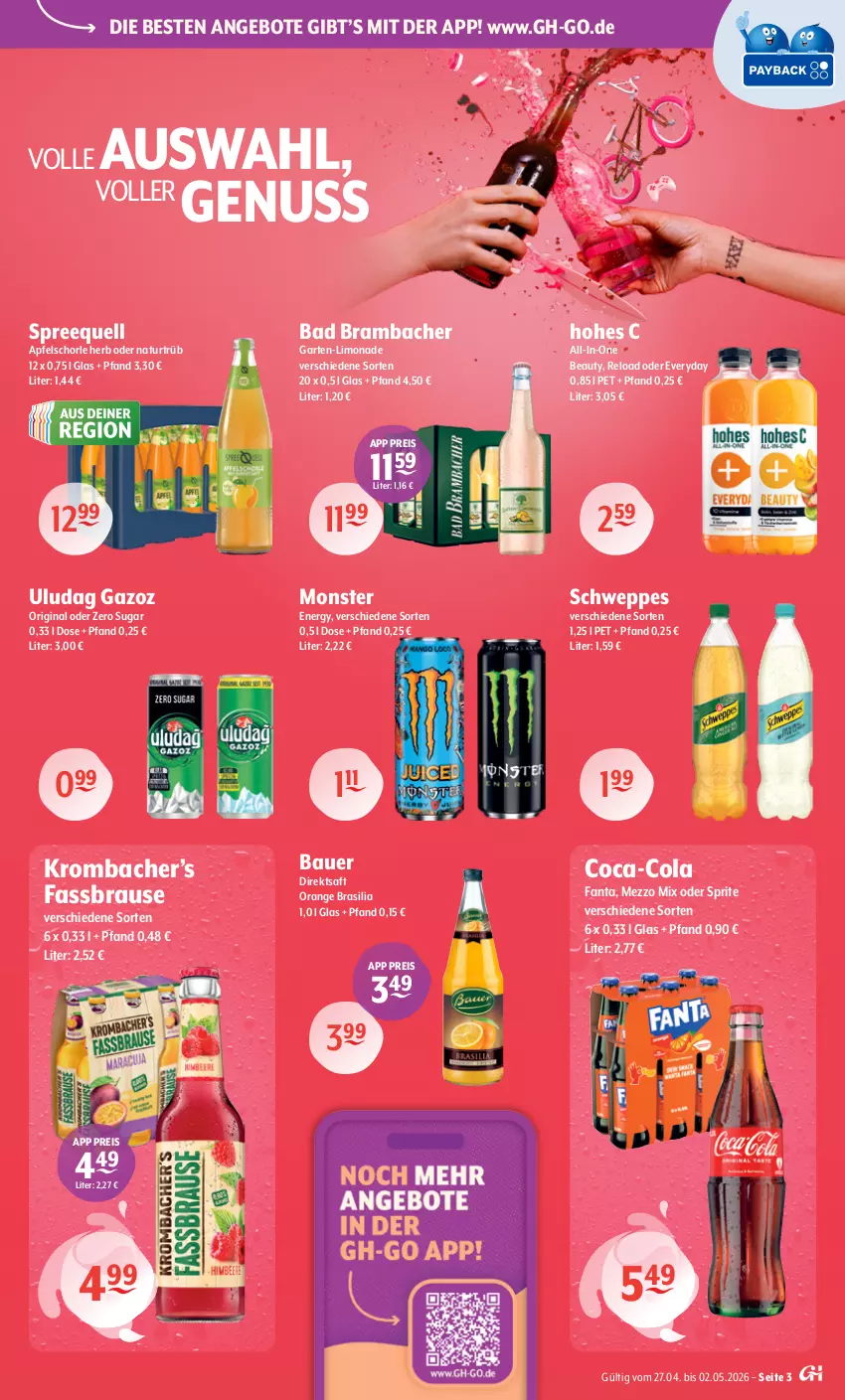 Aktueller Prospekt Getraenke Hoffmann - Prospekte - von 27.04 bis 02.05.2026 - strona 3 - produkty: angebot, angebote, apfel, Apfelschorle, auer, Bad, Bau, Bauer, brause, coca-cola, cola, direktsaft, eis, fanta, fassbrause, Garten, gin, Hohes C, krombache, krombacher, limo, limonade, Mezzo Mix, monster, Monster Energy, natur, nuss, oder sprite, orange, reis, rel, saft, schorle, schweppes, Spreequell, sprite, Ti