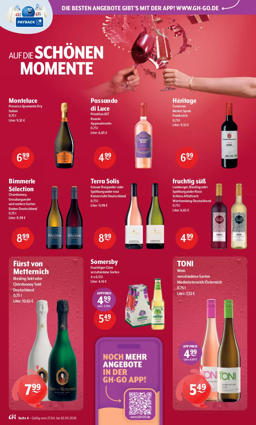 Aktueller Prospekt Getraenke Hoffmann - Prospekte - von 27.04 bis 02.05.2026 - strona 4 - produkty: angebot, angebote, auer, Bad, Berger, burgunder, chardonnay, cider, ecco, eis, ente, frucht, fürst von metternich, grauburgunder, grauer burgunder, Kaiser, merl, merlot, Mett, metternich, monte, primitivo, prosecco, puma, reis, riesling, rosato, sekt, sim, somersby, spätburgunder, spumante, stuhl, Ti, wein