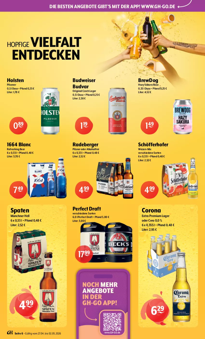 Aktueller Prospekt Getraenke Hoffmann - Prospekte - von 27.04 bis 02.05.2026 - strona 6 - produkty: alkohol, angebot, angebote, Berger, budweiser, corona, corona extra, decke, eis, gin, holsten, pils, pilsener, pilsner, radeberger, schöfferhofer, Spaten, Ti