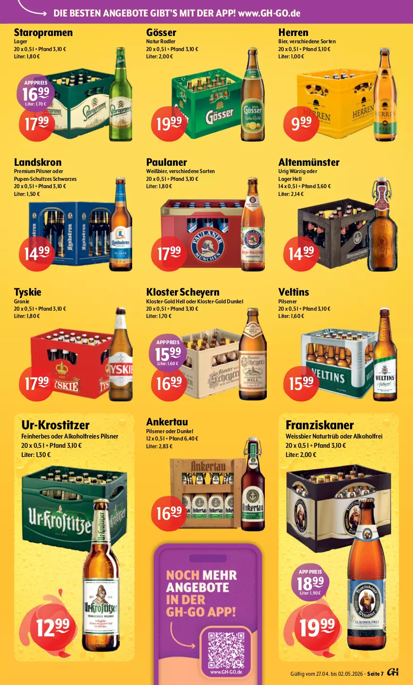 Aktueller Prospekt Getraenke Hoffmann - Prospekte - von 27.04 bis 02.05.2026 - strona 7 - produkty: alkohol, Altenmünster, angebot, angebote, bier, eis, franziskaner, gösser, natur, natur radler, Paula, paulaner, pils, pilsener, pilsner, premium pils, radler, reis, Staropramen, Ti, tyskie, veltins, veltins pilsener, weissbier