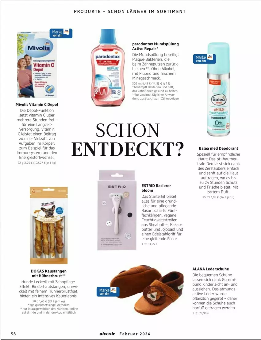 Aktueller Prospekt Dm Drogerie - Prospekte - von 01.03 bis 31.03.2024 - strona 96 - produkty: alkohol, Alverde, auer, aust, brustfilet, butter, deo, deodorant, edelstahl, eis, erde, filet, fleisch, hühner, kakao, Lederschuhe, LG, mac, mundspülung, ohne alkohol, Parodontax, rasierer, reifen, rind, rinder, schuhe, Sheabutter, Spezi, spülung, Ti, vita, Vitamin C