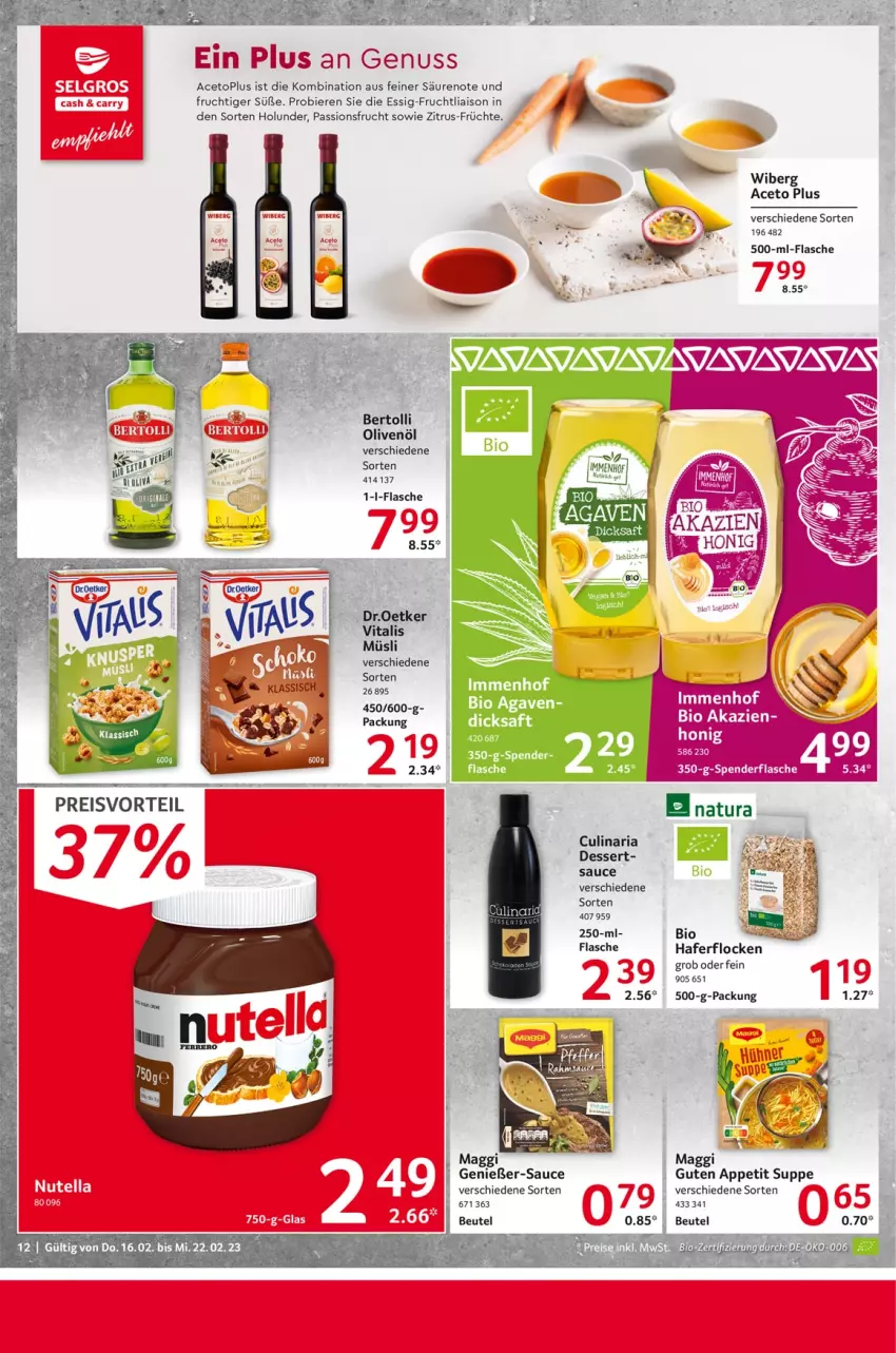 Aktueller Prospekt Selgros - Food - von 16.02 bis 22.02.2023 - strona 12 - produkty: aceto, bertolli, beutel, bier, Biere, bio, culinaria, dessert, eis, essig, ferrero, flasche, frucht, früchte, hafer, haferflocken, holunder, LG, maggi, Maus, müsli, nuss, olive, oliven, olivenöl, passionsfrucht, preisvorteil, reis, Ria, sauce, suppe, Ti, vita, vitalis, vitalis müsli