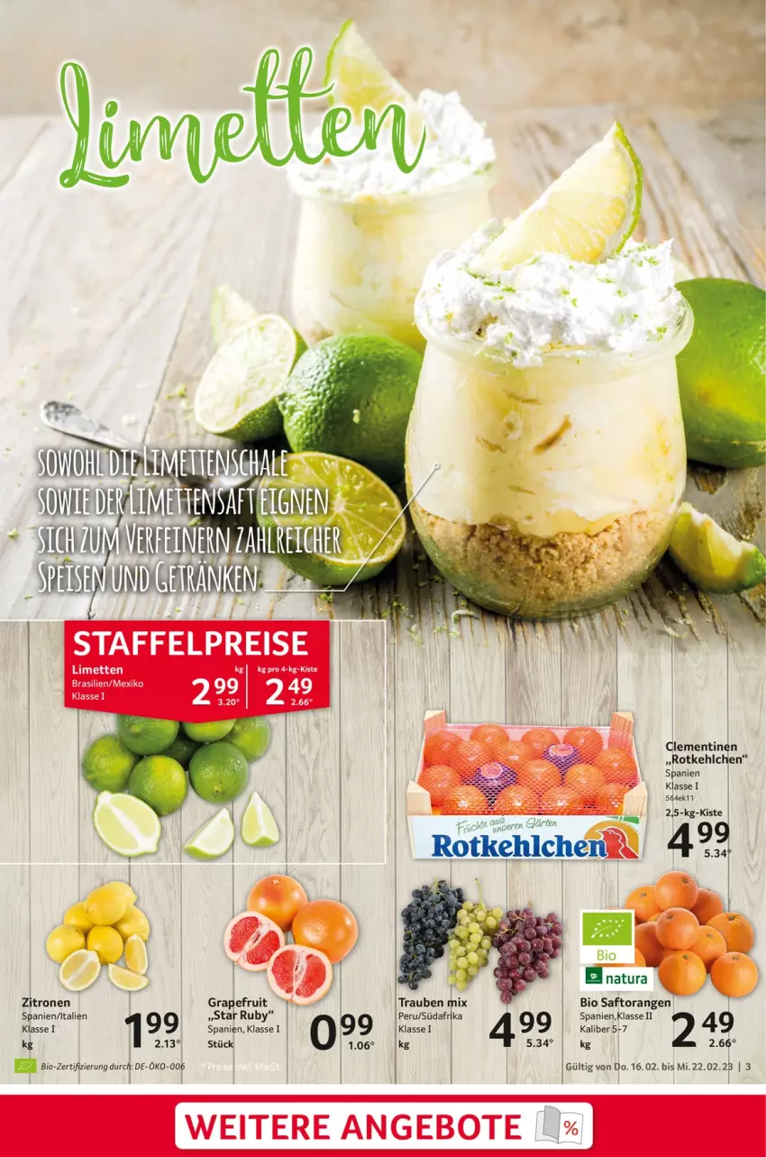 Aktueller Prospekt Selgros - Food - von 16.02 bis 22.02.2023 - strona 3 - produkty: angebot, angebote, bio, clementinen, eis, grapefruit, limette, limetten, Mett, metten, natur, natura, orange, orangen, reis, saft, Saftorangen, Ti, trauben, zitrone, zitronen