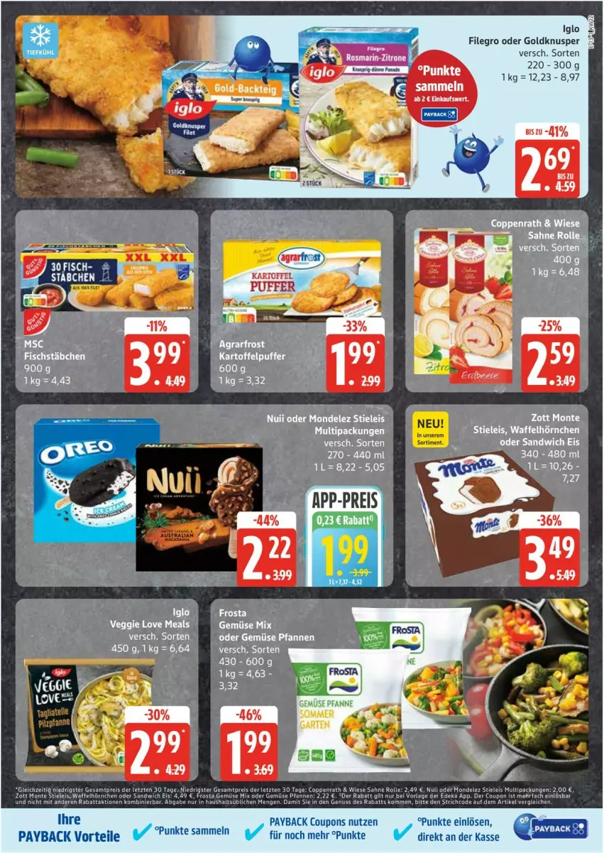 Aktueller Prospekt Edeka - Prospekte - von 17.03 bis 22.03.2025 - strona 13 - produkty: coppenrath, coupon, coupons, eier, eis, filegro, fisch, frosta, Gemüse Mix, hörnchen, iglo, monte, payback, pfanne, pfannen, reis, sahne, sandwich, stieleis, Ti, Waffelhörnchen, zott, Zott Monte, ZTE