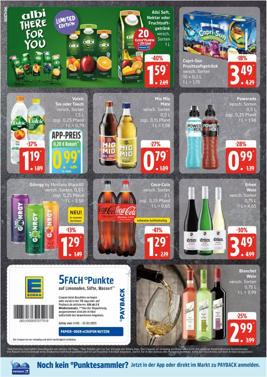 Aktueller Prospekt Edeka - Prospekte - von 17.03 bis 22.03.2025 - strona 18 - produkty: angebot, coupon, deka, eis, frucht, fruchtsaft, fruchtsaftgetränk, getränk, limo, limonade, limonaden, Nektar, payback, reis, rel, sac, saft, säfte, tesa, Ti, wasser, ZTE