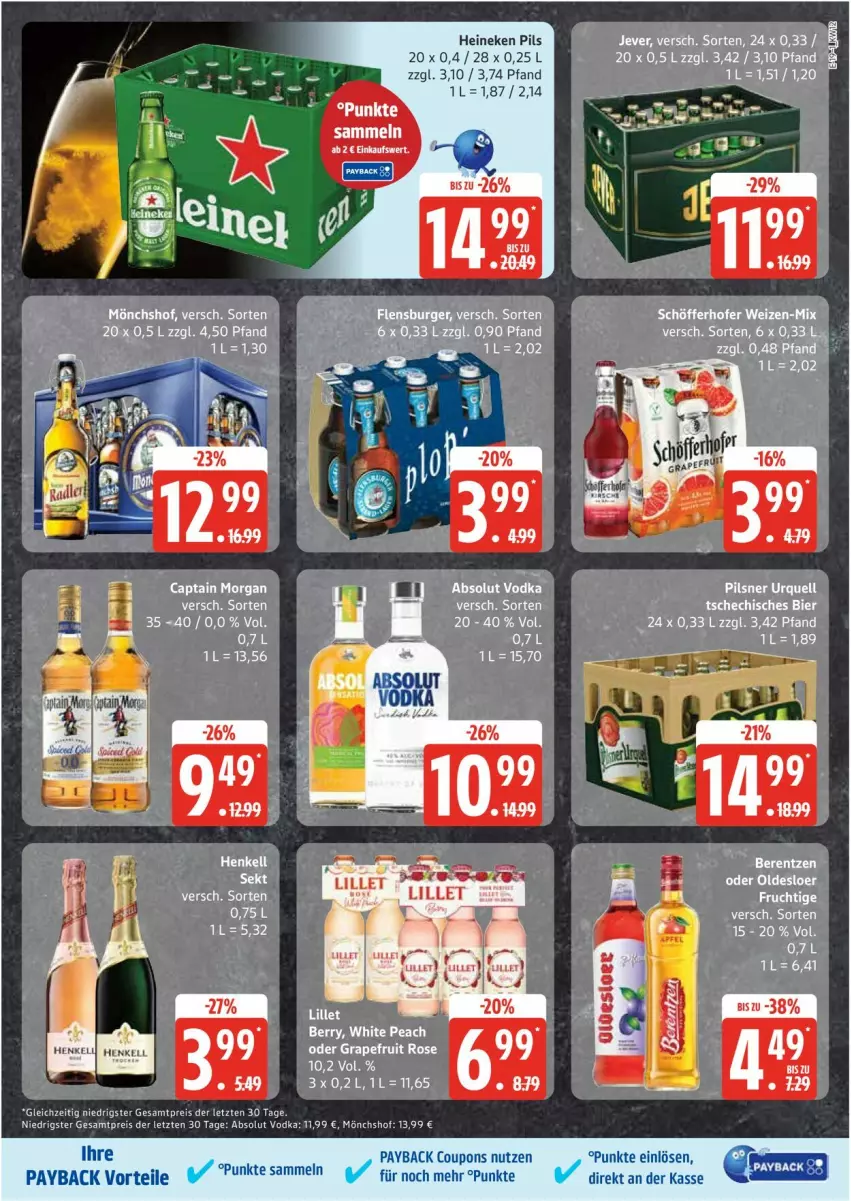 Aktueller Prospekt Edeka - Prospekte - von 17.03 bis 22.03.2025 - strona 19 - produkty: Absolut Vodka, Cap, captain morgan, coupon, coupons, eis, grapefruit, heineken, henkel, henkell, henkell sekt, jever, lillet, mönchshof, oldesloer, payback, pils, pilsner, pilsner urquell, reis, sekt, Ti, vodka, ZTE