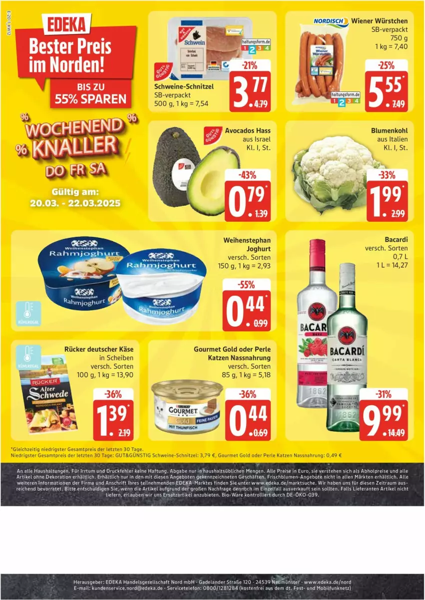 Aktueller Prospekt Edeka - Prospekte - von 17.03 bis 22.03.2025 - strona 20 - produkty: abholpreise, alle artikel ohne dekoration, angebot, angebote, avocado, avocados, bacardi, bio, blume, blumen, blumenkohl, deka, dekoration, eis, Elan, gourmet gold, joghur, joghurt, Käse, Nassnahrung, rahmjoghurt, reis, schnitzel, schwein, schweine, schweine-schnitzel, telefon, Ti, trolli, weihenstephan, wein, weine, wiener, wiener würstchen, würstchen, ZTE